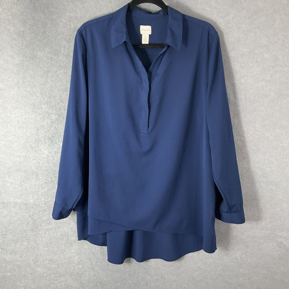 Chico's Top Womens XL Blue Long‎ Sleeve Collard Tiered Hem Office Church Preppy